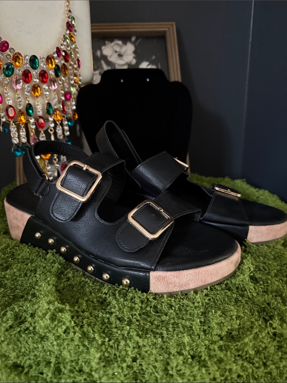 Women's Black Sandal with Blush Platform and Gold Buckles